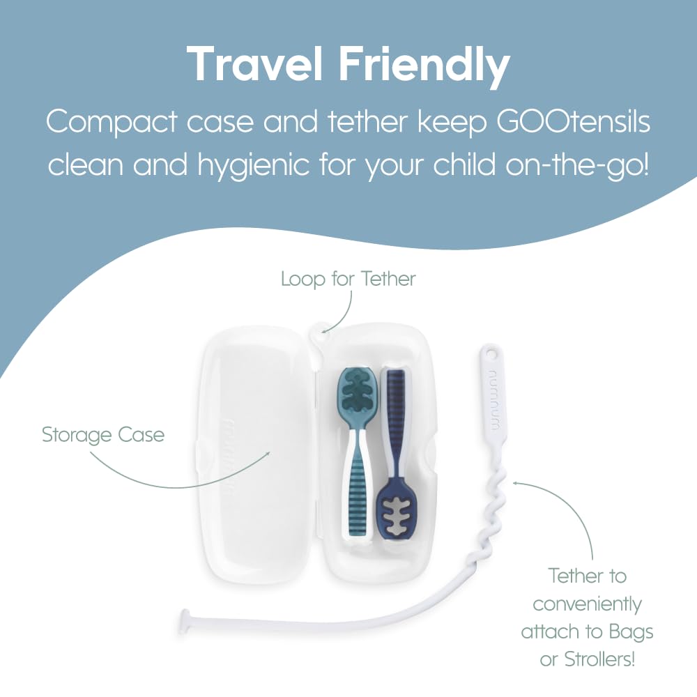 NumNum GOOtensil Pre-Spoons + Travel Case | Baby Spoon Set (Stage 1 + Stage 2) | BPA Free Silicone Self Feeding Toddler Utensils